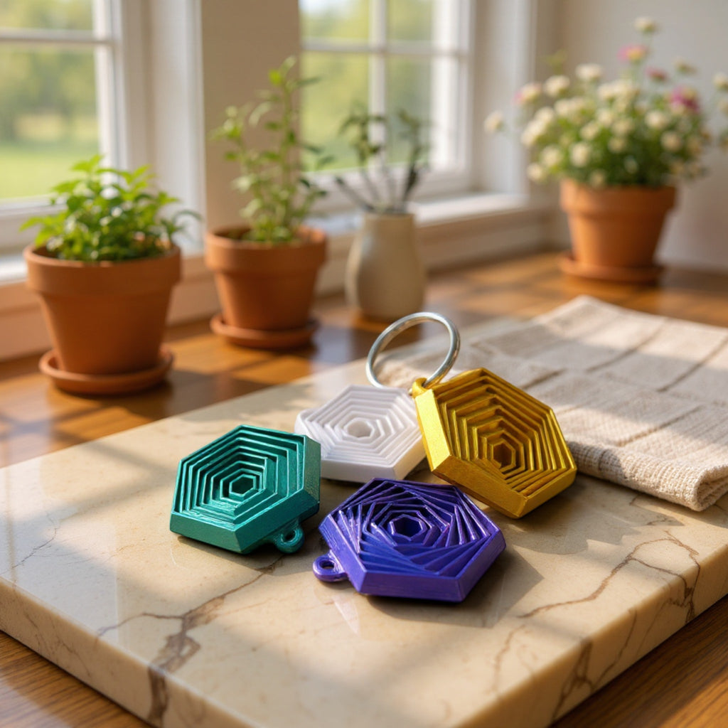 3D Stüdyom marka, farklı renklerde altıgen geometrik tasarımlı 3D baskı anahtarlık seti