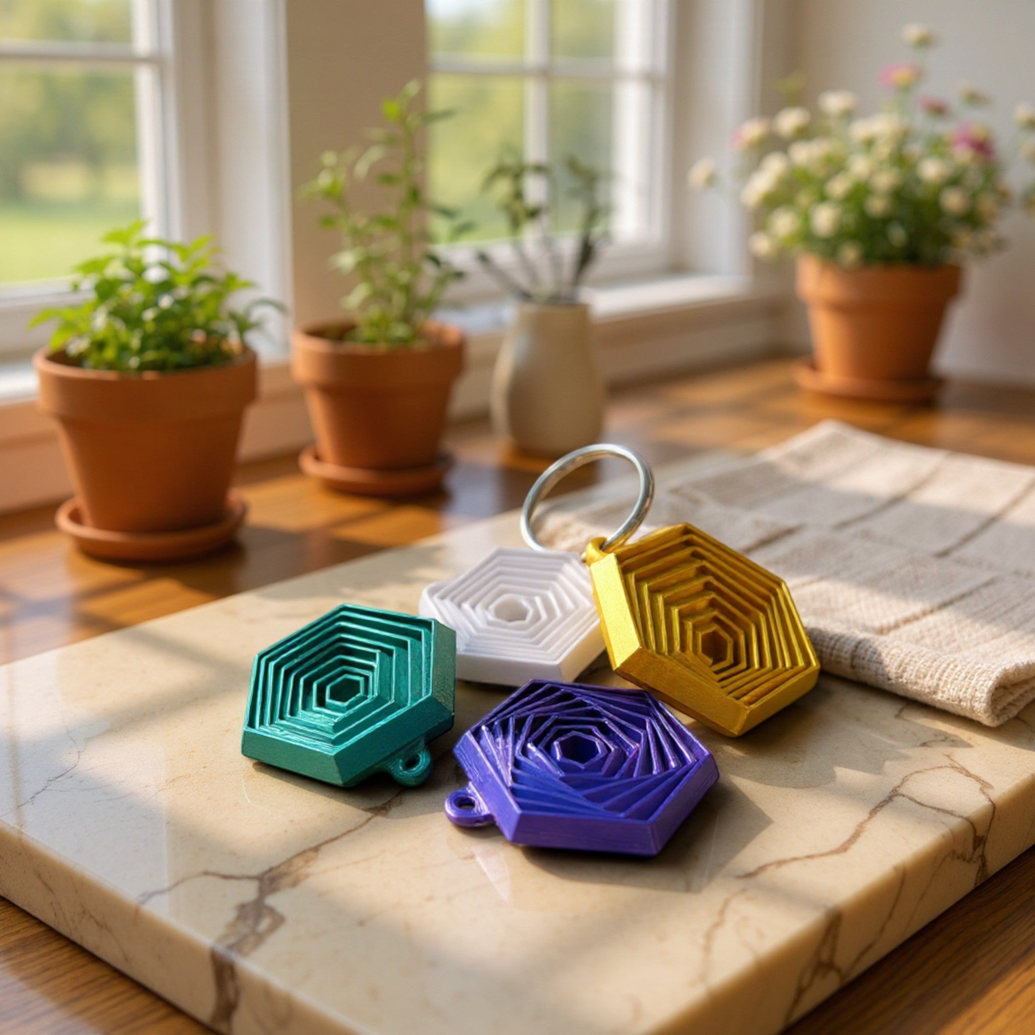 3D Stüdyom marka, farklı renklerde altıgen geometrik tasarımlı 3D baskı anahtarlık seti