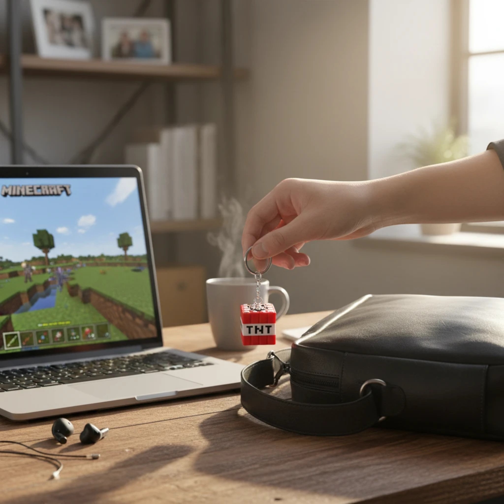 3D Stüdyom kırmızı renkli, pikselli TNT tasarımlı kare blok anahtarlık, çalışma masasında bir el tarafından tutuluyor.