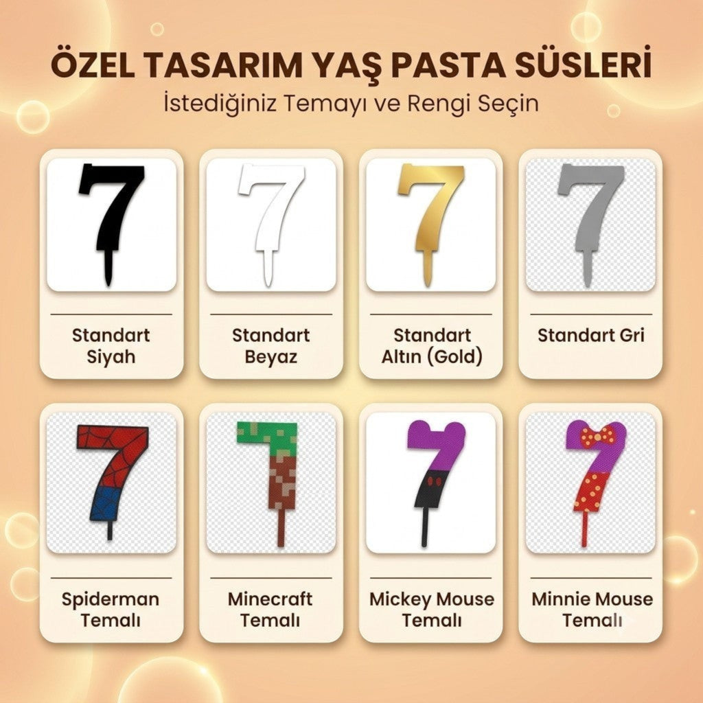 3D Stüdyom kişiselleştirilebilir 7 rakamı pasta süsleri; siyah, beyaz, altın, gri ve temalı seçenekleriyle sunuluyor.