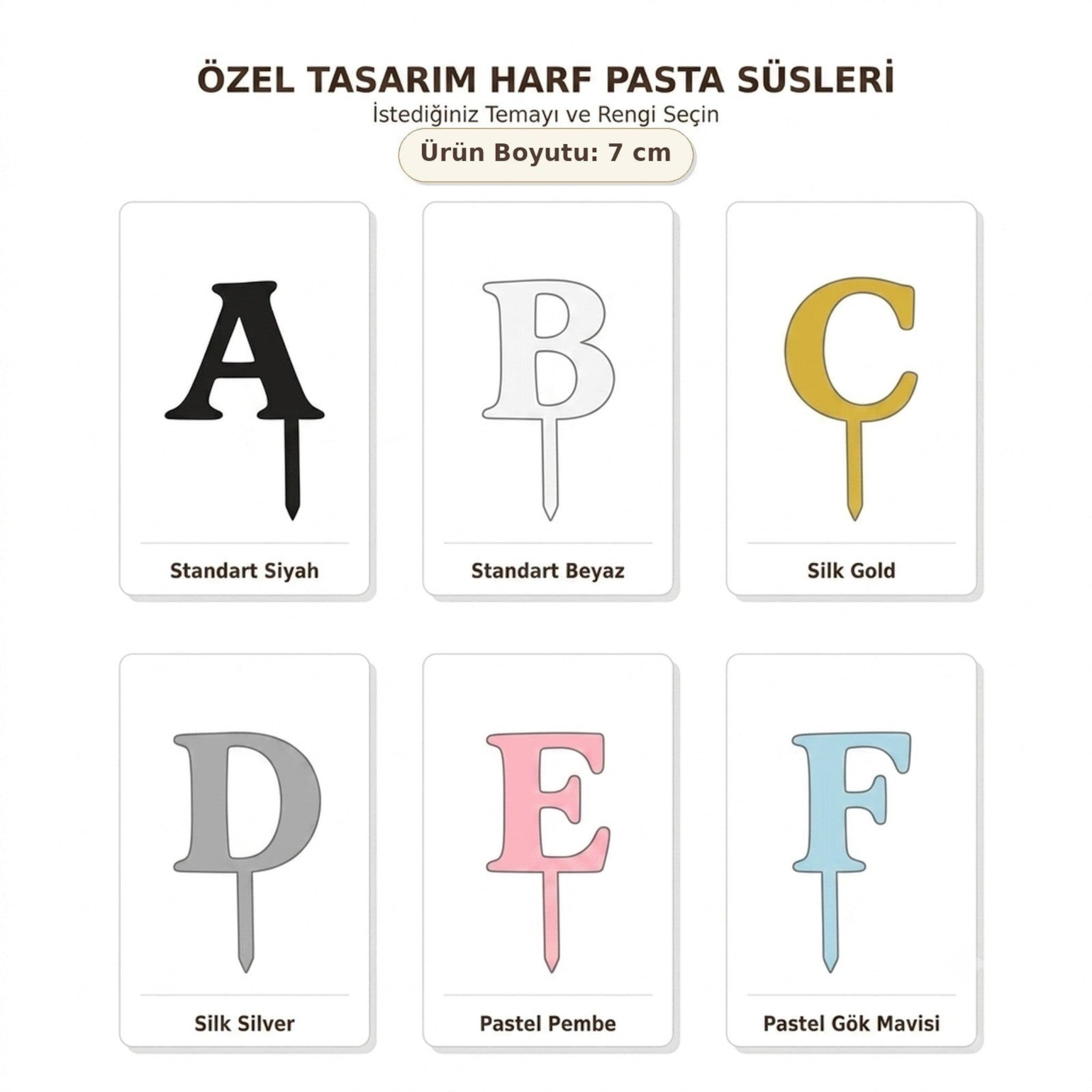 3D Stüdyom kişiselleştirilebilir 7 cm boyutunda farklı renk seçeneklerine sahip özel tasarım harf pasta süsleri