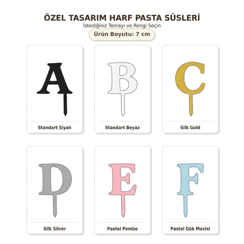 3D Stüdyom kişiselleştirilebilir 7 cm boyutunda farklı renk seçeneklerine sahip özel tasarım harf pasta süsleri