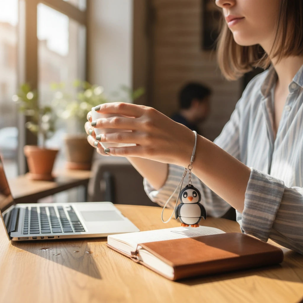 3D Stüdyom penguen figürlü dekoratif anahtarlık, bileğe takılı şekilde dizüstü bilgisayar başında çalışan bir kadınla