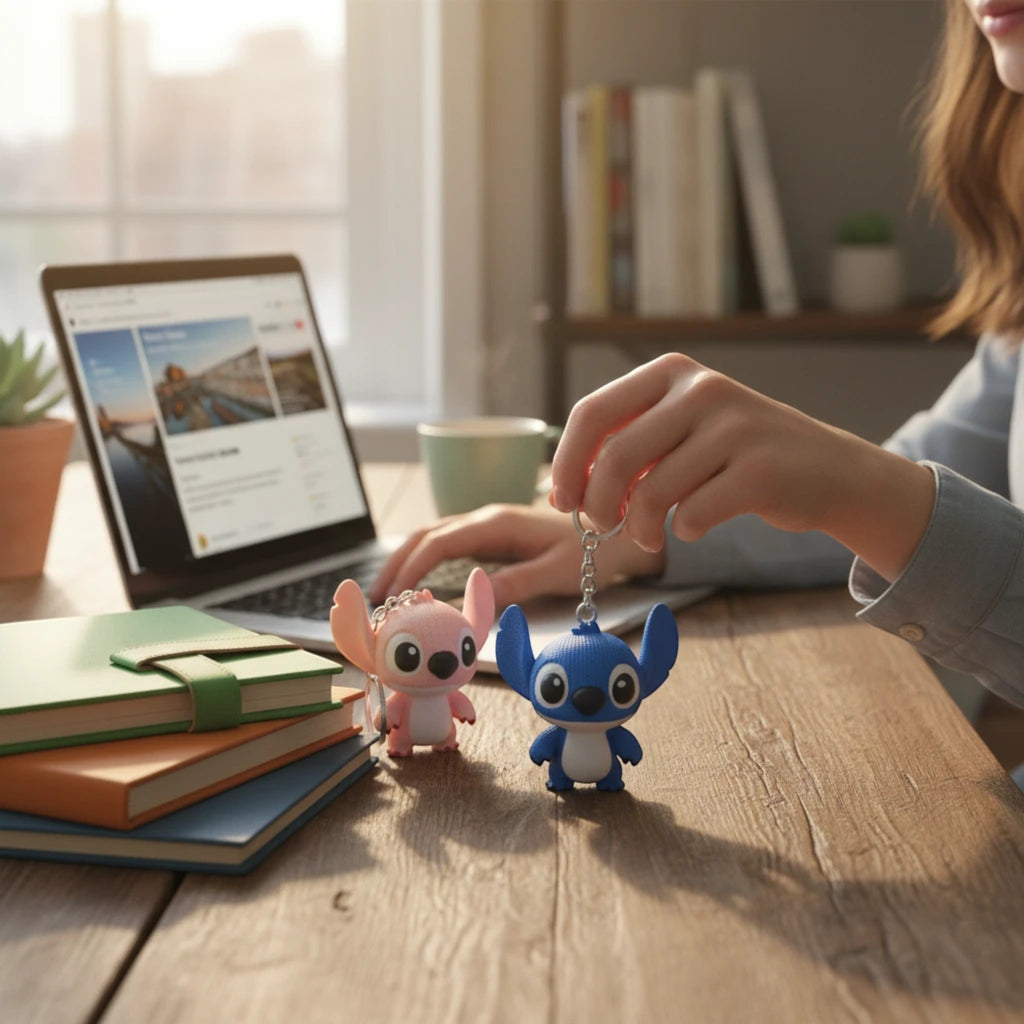 3D Stüdyom tasarımı mavi Stitch ve pembe Angel karakterli 3D baskı anahtarlık seti