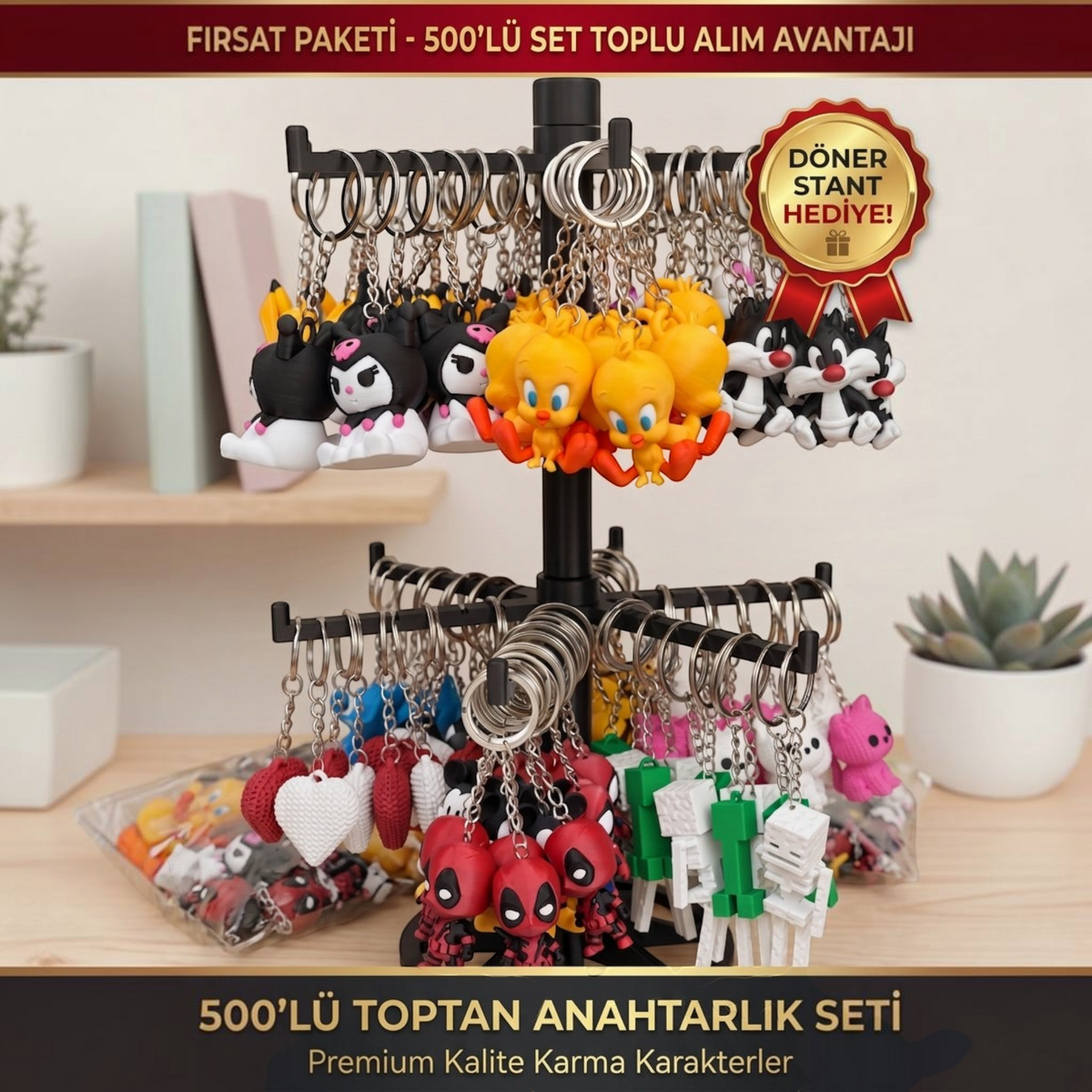 3D Stüdyom 500'lü karma 3D anahtarlık seti ve hediye döner teşhir standı, çeşitli popüler figür tasarımlarıyla.