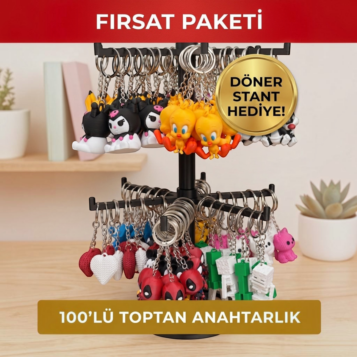 3D Stüdyom 100'lü karma 3D figürlü anahtarlık seti ve ücretsiz döner teşhir standı