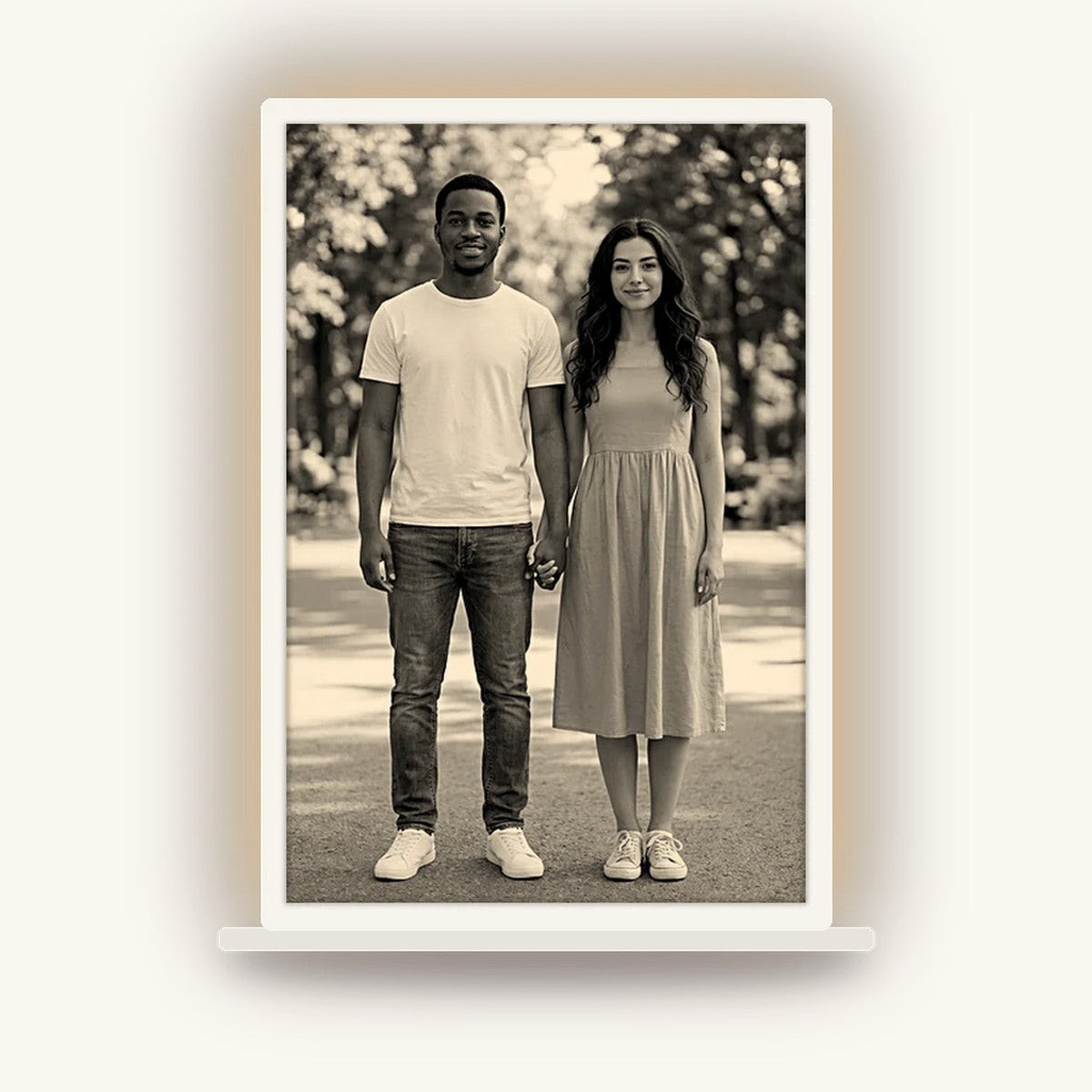 Arkadan ışık alınca fotoğrafın belirdiği çerçeveli litofan, dikey