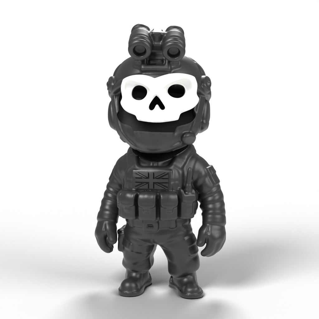 Ghost gamer mini figür önden görünüm – gece görüş gözlüklü kask ve kurukafa maske