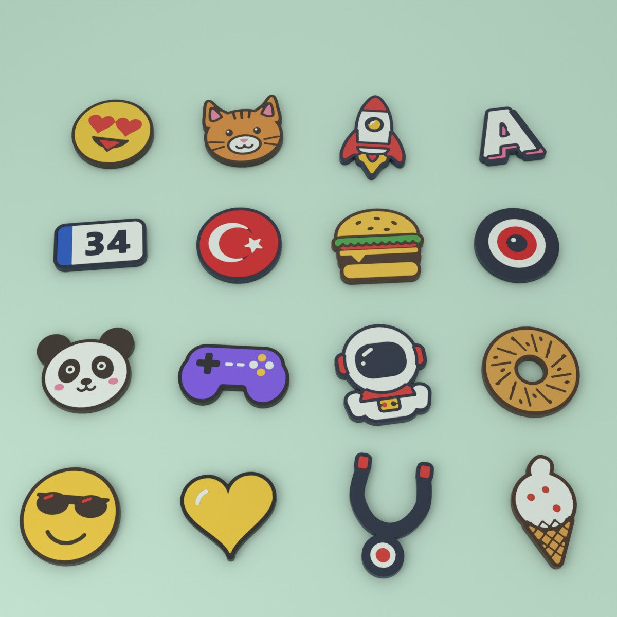 Crocs süsleri: emoji, kedi, roket, harf, plaka, ay yıldız, hamburger, nazar, panda, oyun kolu, astronot, simit, kalp, stetoskop, dondurma