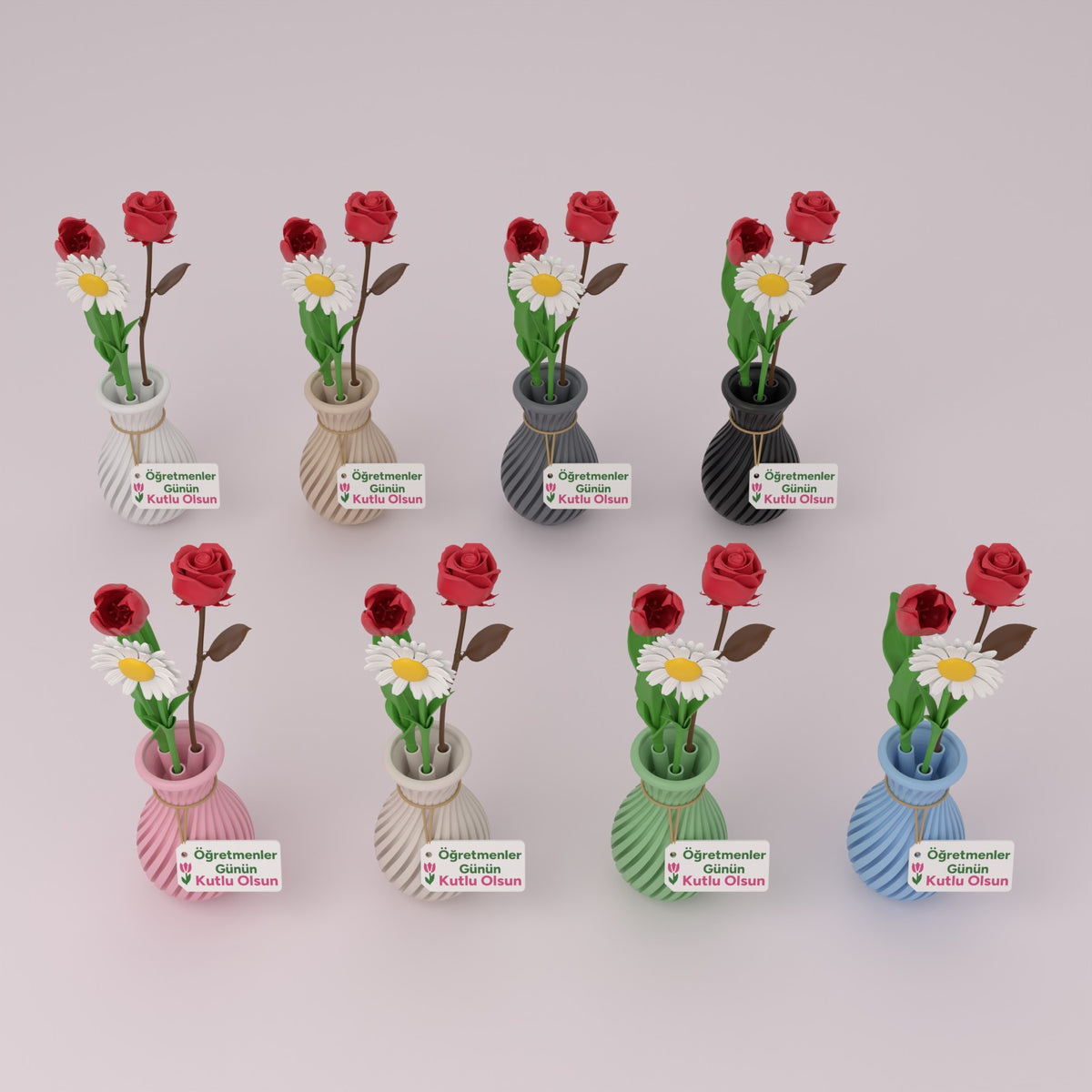 Çiçek vazosunun 8 rengi yan yana: toz pembe, beyaz, krem, bej, adaçayı yeşili, bebek mavisi, gri, siyah